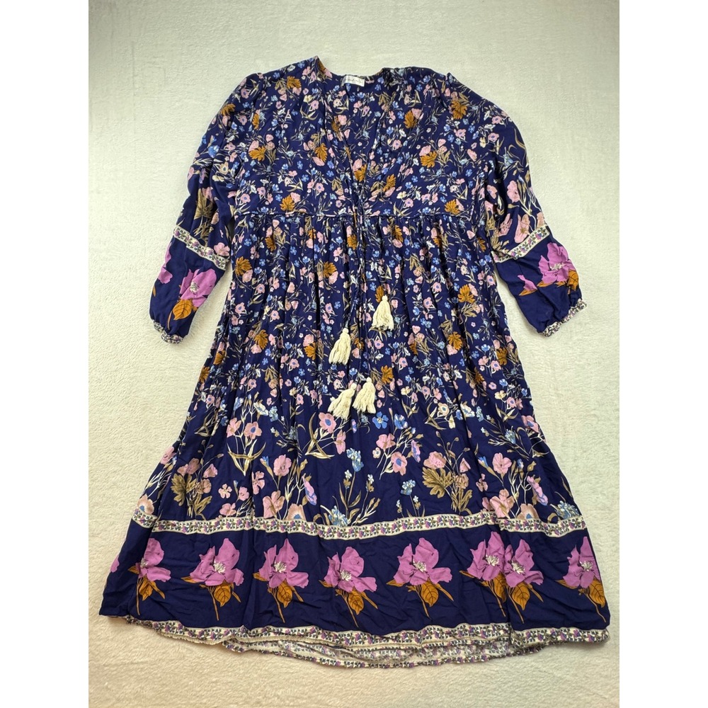 R.Vivimos Floral Boho Midi Dress Navy Blue Pink Tassel V-Neck 2XL Model 158